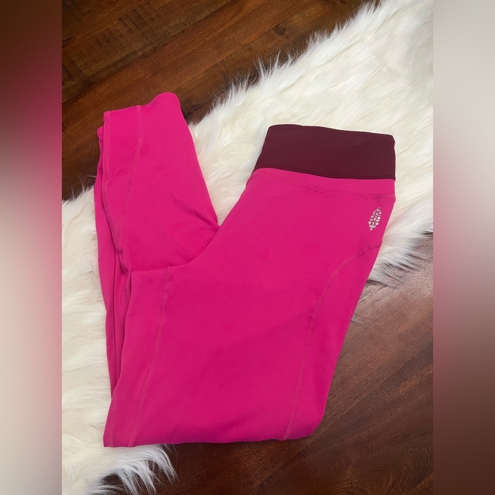 Free People Movement Hot Pink Contrast Waist Leggings Size L Mid Rise Ankle